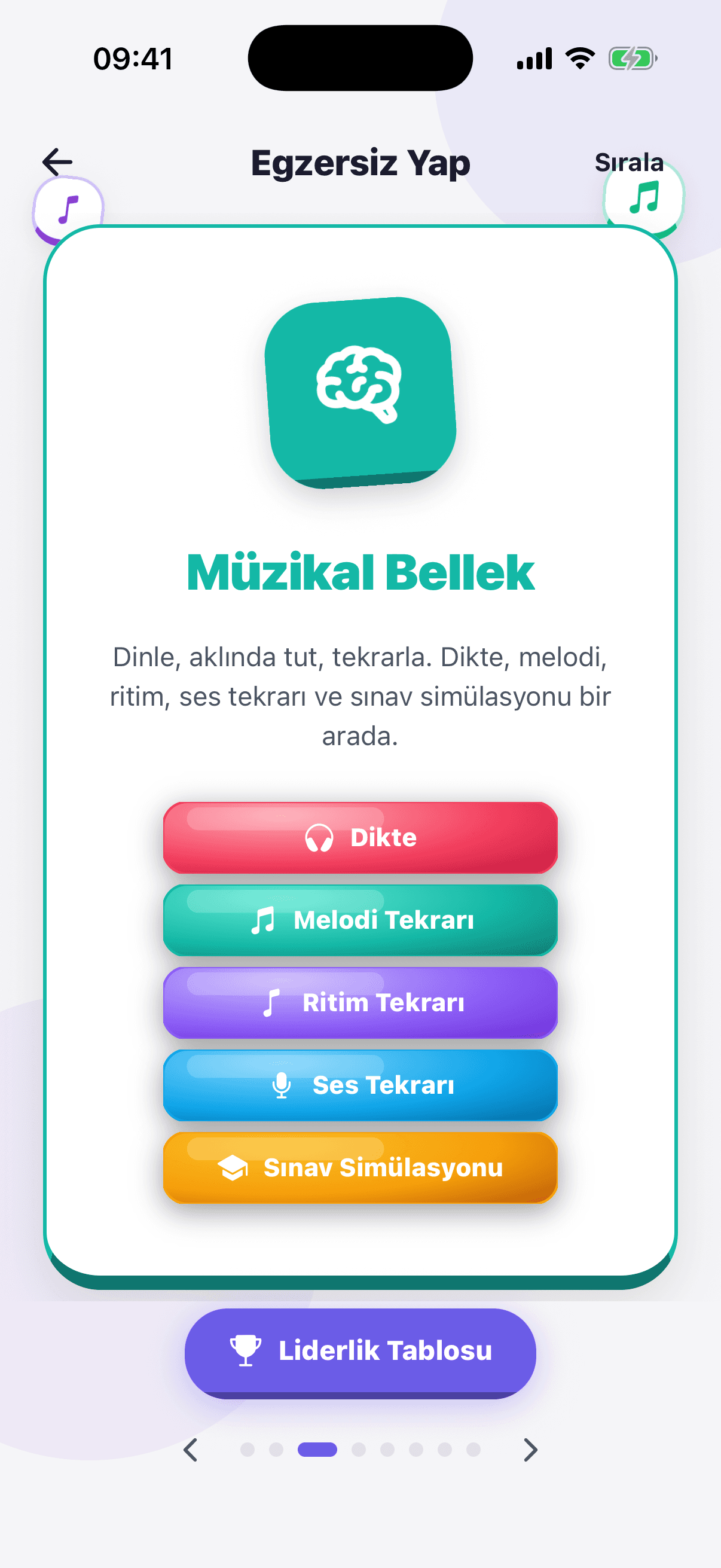Müzik Dersim uygulamasının Müzikal Bellek ekranı: dikte, melodi tekrarı, ritim tekrarı, ses tekrarı ve sınav simülasyonu